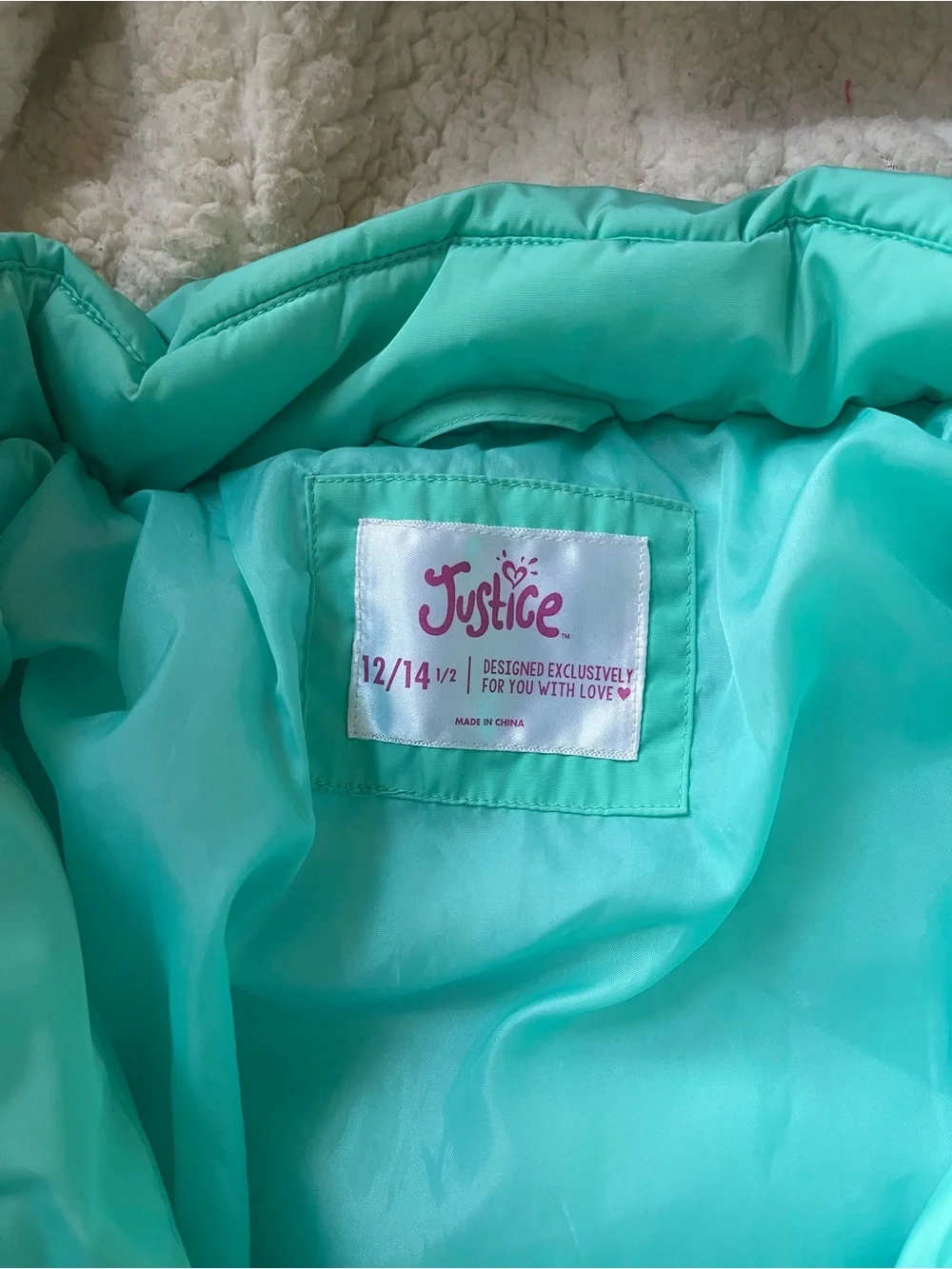 Justice Girls Aqua Faux Fur Hooded Puffer Winter Coat Size 12/14
